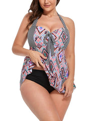 Summervivi - Pink Geometric Print Handkerchief Halter Tankini Set