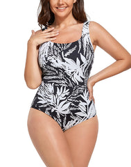 Black And White Floral Striped One-piece Swimsuit