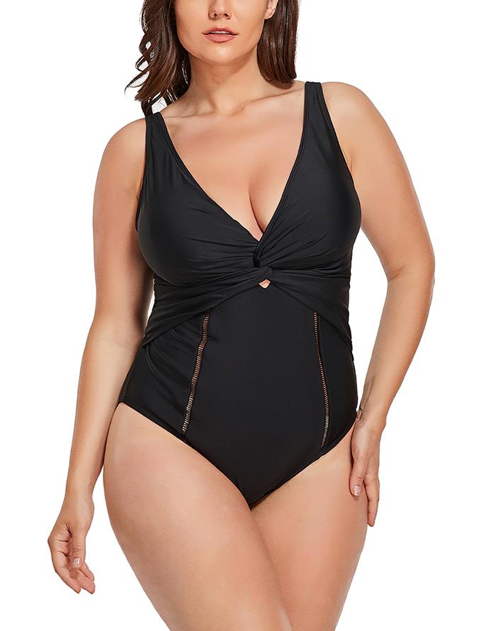 Summervivi - Black Ruched V-neck One Piece Swimsuit