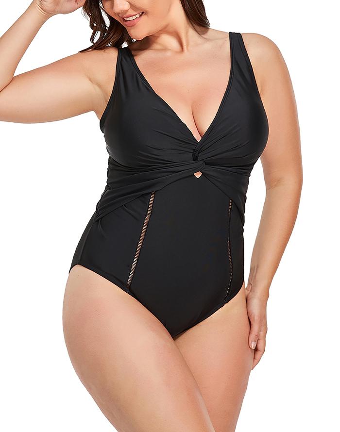 Summervivi - Black Ruched V-neck One Piece Swimsuit