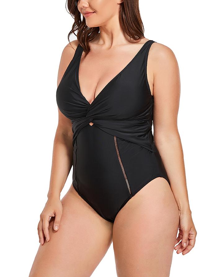 Summervivi - Black Ruched V-neck One Piece Swimsuit