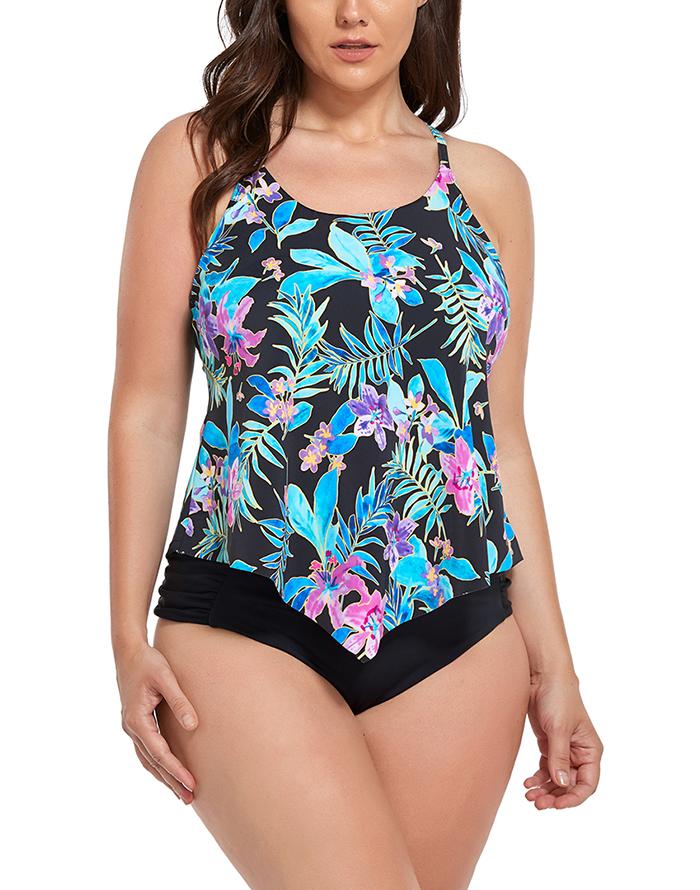 SUMMERVIVI - Neon Tropical Scarf X-Back Tankini Set