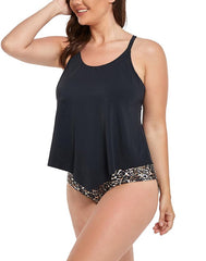 SUMMERVIVI - Black&Animal Print Scarf X-Back Tankini Top