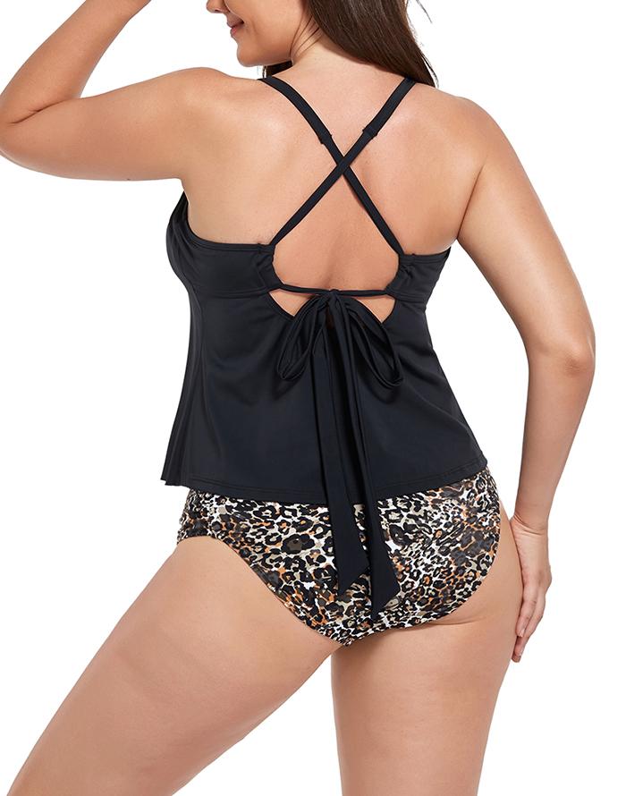 SUMMERVIVI - Black&Animal Print Scarf X-Back Tankini Top