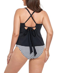 SUMMERVIVI - Black&Animal Print Scarf X-Back Tankini Top