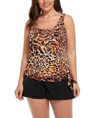 Summervivi - Leopard Print Side Tie Blouson Tankini with Cargo Swim Short