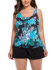 Green Leaves Side Tie Blouson Tankini Top With Cargo Short