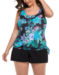 Green Leaves Side Tie Blouson Tankini Top With Cargo Short