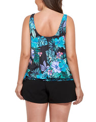 Green Leaves Side Tie Blouson Tankini Top With Cargo Short