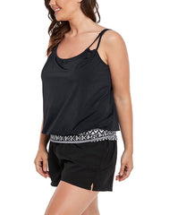 New Black Loop Strap Blouson Tankini Set With Cargo Short