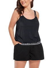 New Black Loop Strap Blouson Tankini Set With Cargo Short