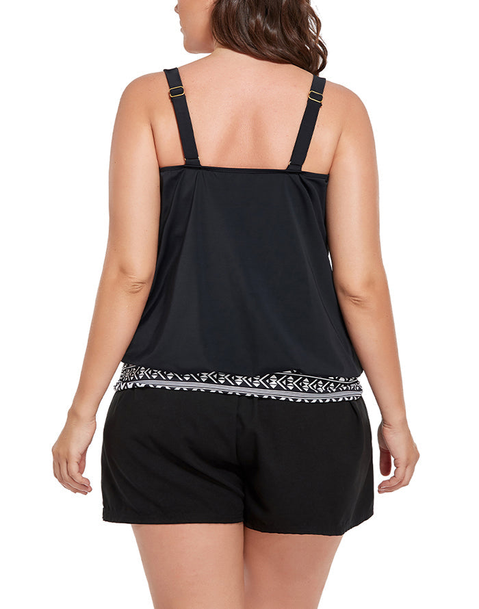 New Black Loop Strap Blouson Tankini Set With Cargo Short