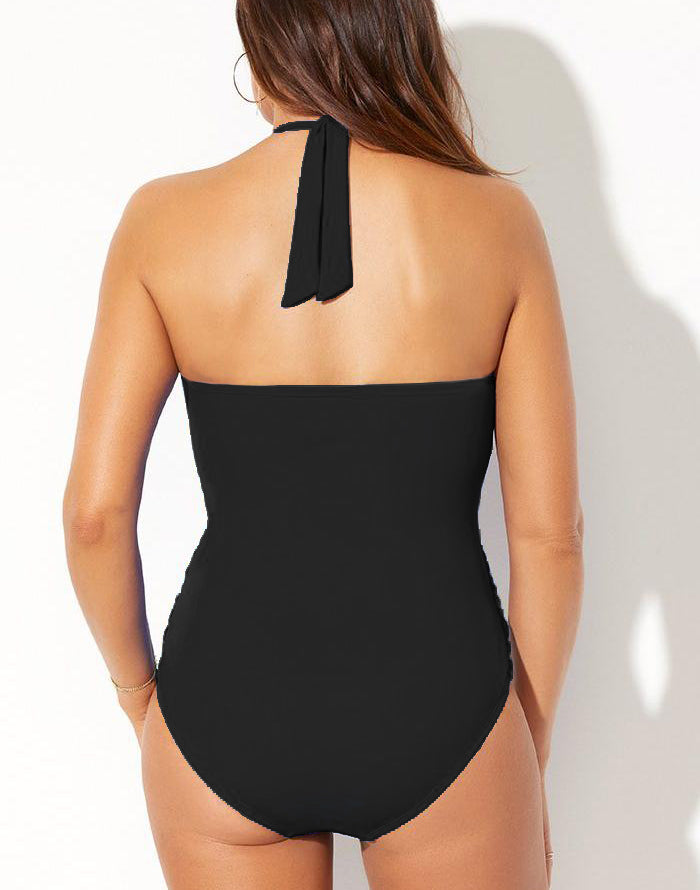 Summervivi Black V-Neck Halter One Piece Swimsuit